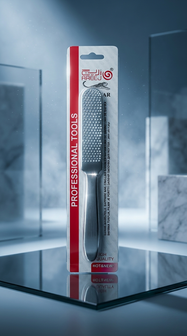 Gentleman's Hardware nail file packaging on a reflective surface with blurred background