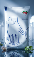Health care solution packaging with a hand illustration on a reflective surface.