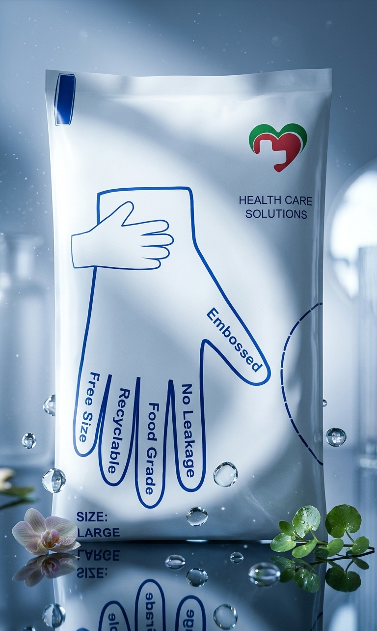 Health care solution packaging with a hand illustration on a reflective surface.