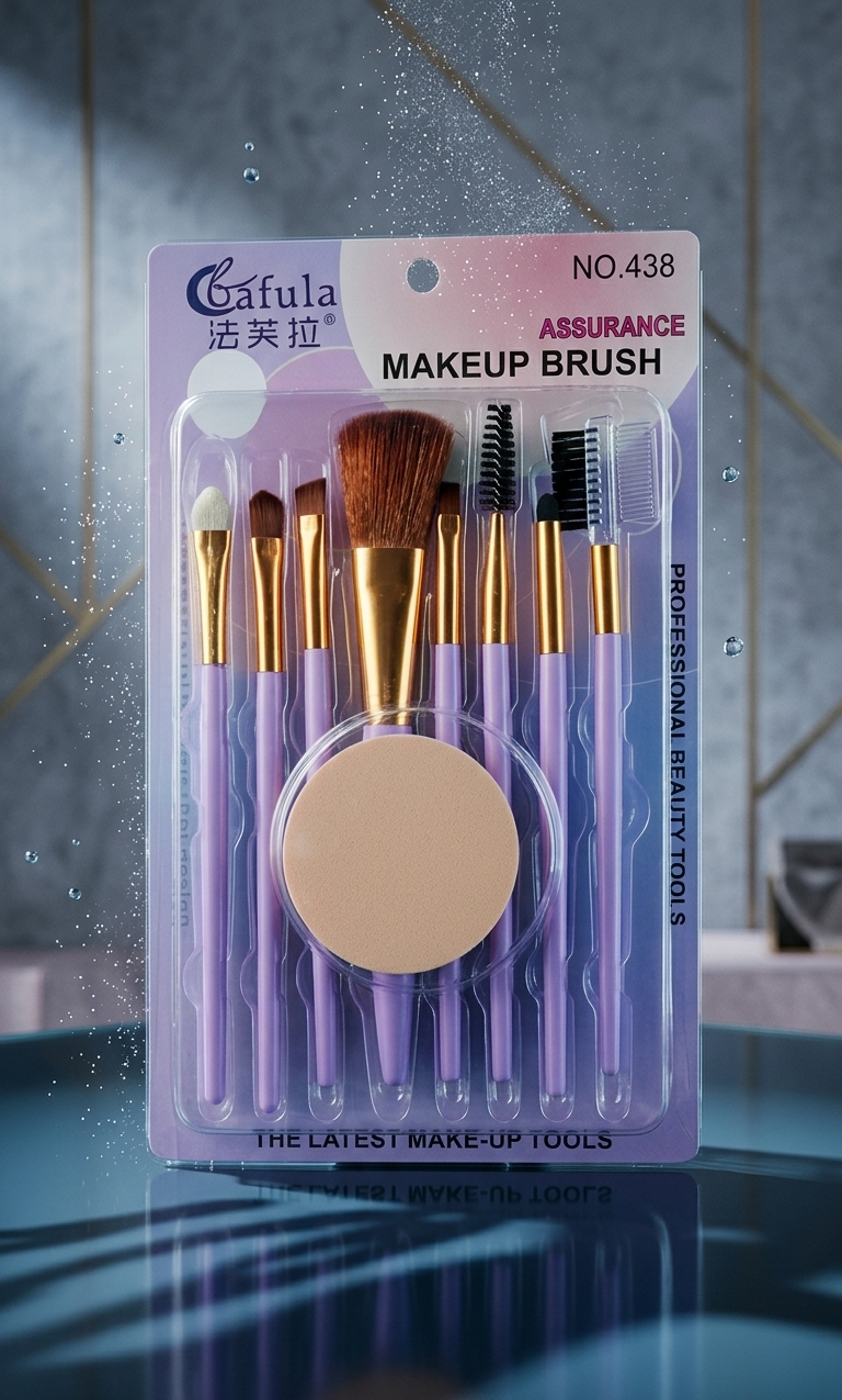 Set of makeup brushes in a clear plastic packaging with a purple label on a reflective surface.
