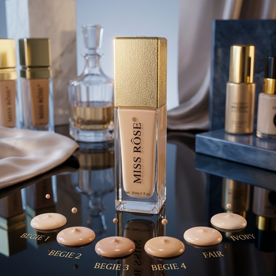 Miss Rose foundation bottle with color swatches on a reflective surface