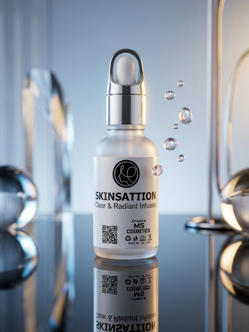 A frosted glass skincare dropper bottle labeled SKINSATTION Clear & Radiant Infuser, with a silver pump cap, shown on a reflective surface with decorative glass spheres and floating bubbles in a polished studio setting.