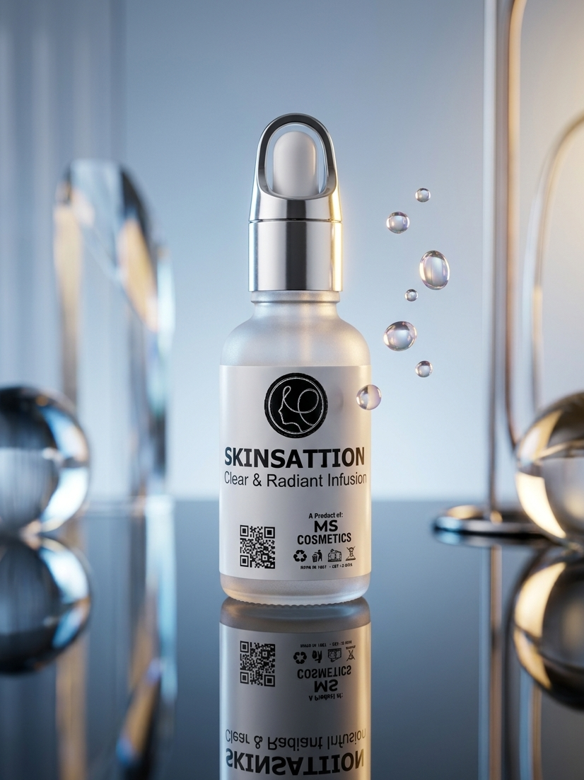 A frosted glass skincare dropper bottle labeled SKINSATTION Clear & Radiant Infuser, with a silver pump cap, shown on a reflective surface with decorative glass spheres and floating bubbles in a polished studio setting.