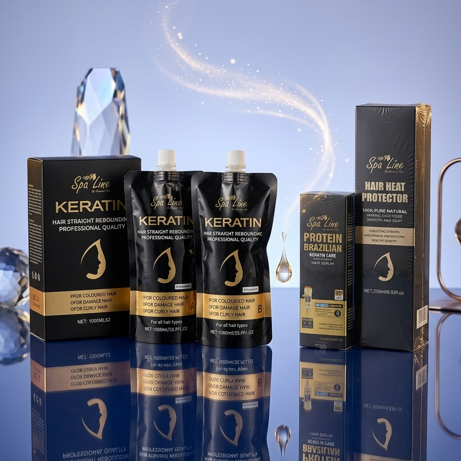 Keratin hair care products with packaging on a reflective surface