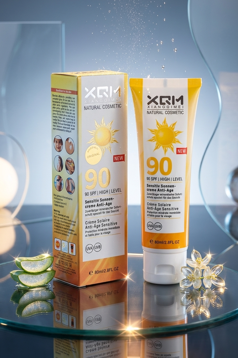 XCM sunscreen tube and packaging on a reflective surface with decorative elements.