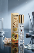 XRM Skincare serum bottle and packaging on a reflective surface with blurred background